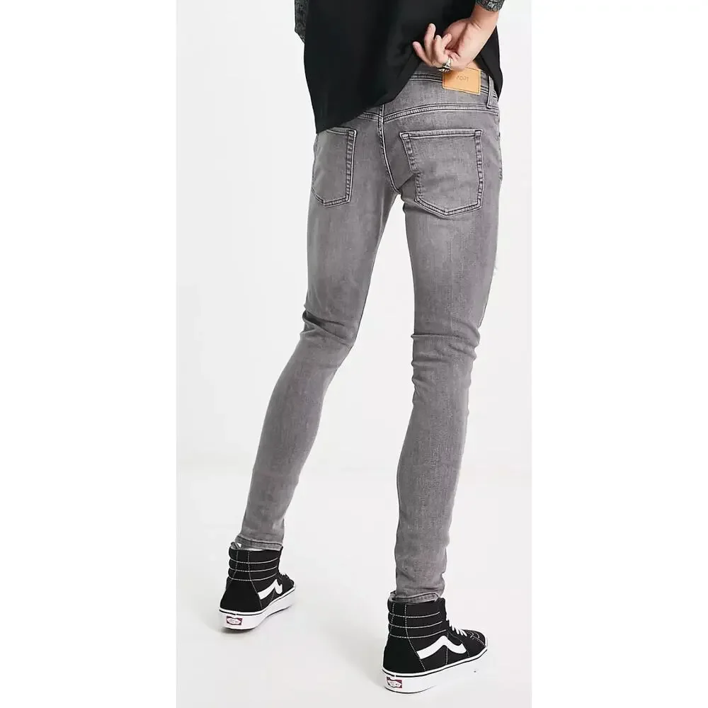 ADPT Mens Grey Denim Spray On Skinny Fit Jeans Distressed Heavy Rips Size 34x32